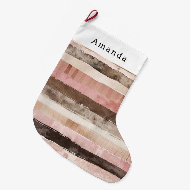 Cream Brown Pink Stripes Christmas Large Christmas Stocking (Front (Hanging))