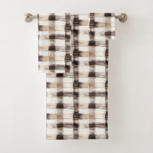 Cream Brown Plaid Stripes   Bath Towel Set