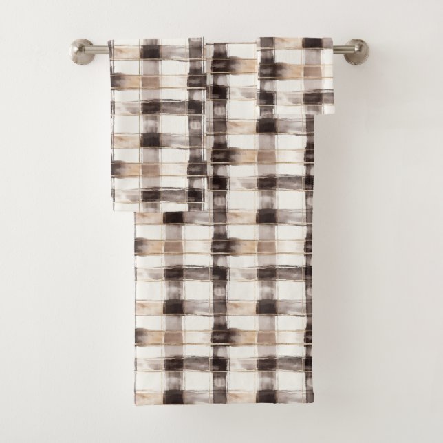Cream Brown Plaid Stripes   Bath Towel Set (Insitu)