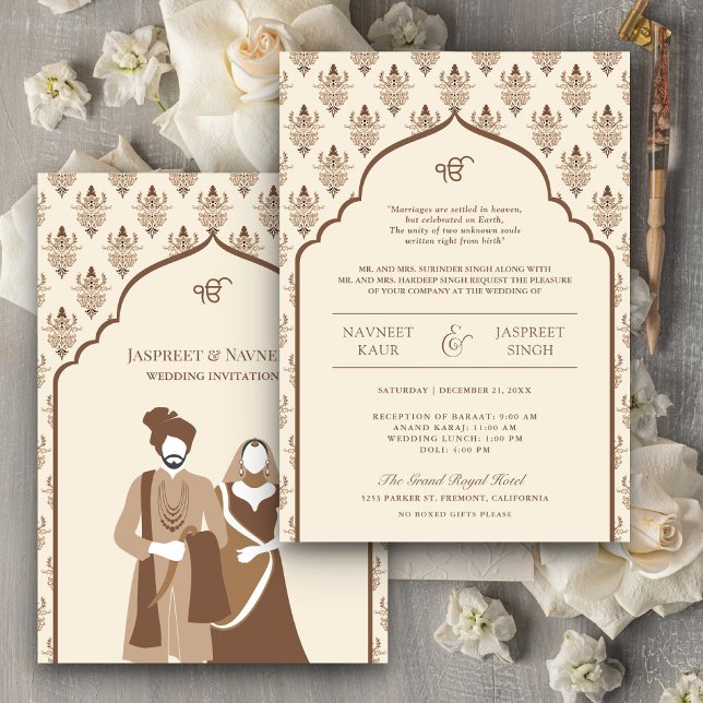 Cream Brown Punjabi Anand Karaj Sikh Wedding Invitation (Creator Uploaded)