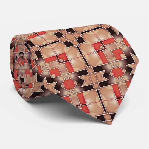 Cream Brown Red Cool Geometric Mosaic Pattern Neck Tie