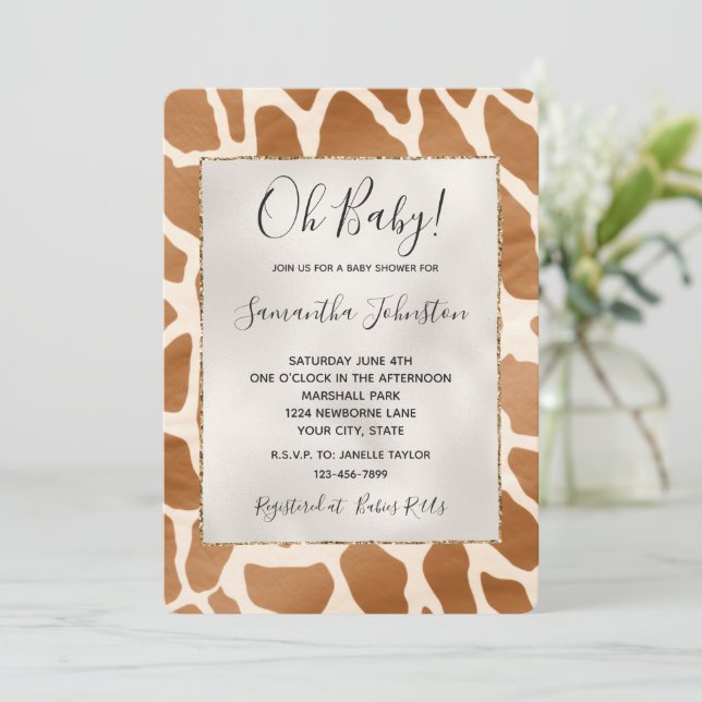 Cream Brown Safari Giraffe Animal Baby Shower Invitation (Standing Front)