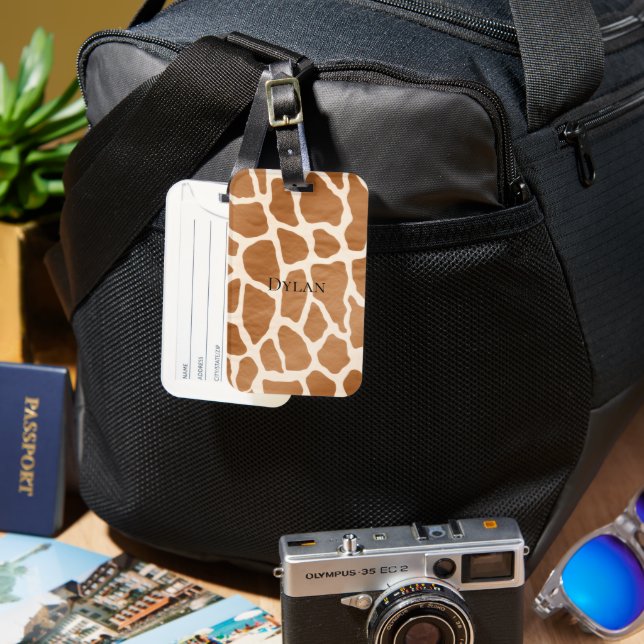 Cream Brown Safari Giraffe Animal Print Luggage Tag (Front & Back)