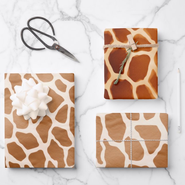 Cream Brown Safari Giraffe Animal Print Wrapping Paper Sheets (Front)