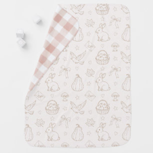 Cream Brown Sketch Baskets Birds Bunnies Pink Baby Blanket
