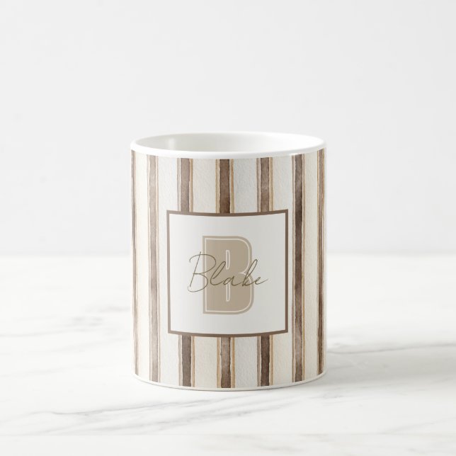 Cream Brown Stripes Monogram Initial Name Coffee Mug (Center)
