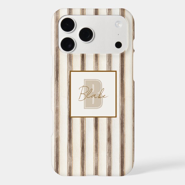 Cream Brown Stripes Monogram Initial Name iPhone Case (Back)