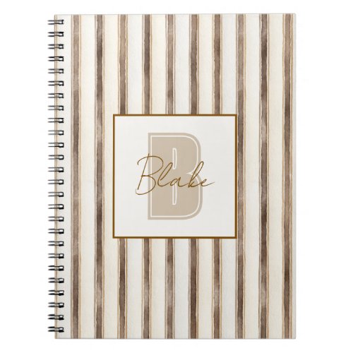 Cream Brown Stripes Monogram Initial Name Notebook