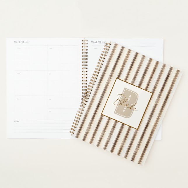 Cream Brown Stripes Monogram Initial Name Planner (Display)