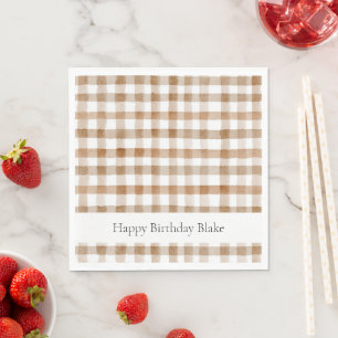 Cream Brown Stripes Tan Plaid Birthday Napkins