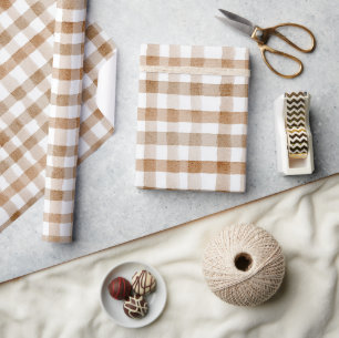 Cream Brown Stripes Tan Plaid Birthday Wrapping Paper