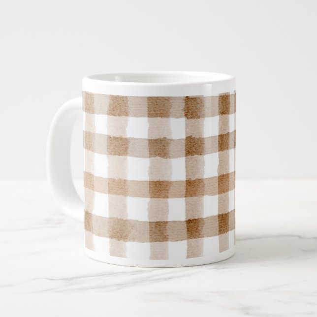 Cream Brown Stripes Tan Plaid Giant Coffee Mug (Front Left)