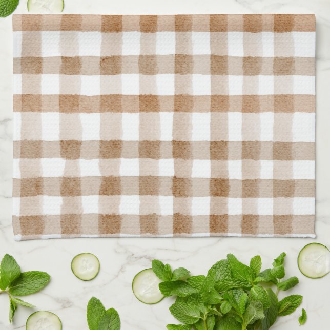Cream Brown Stripes Tan Plaid Kitchen Towel (Folded)
