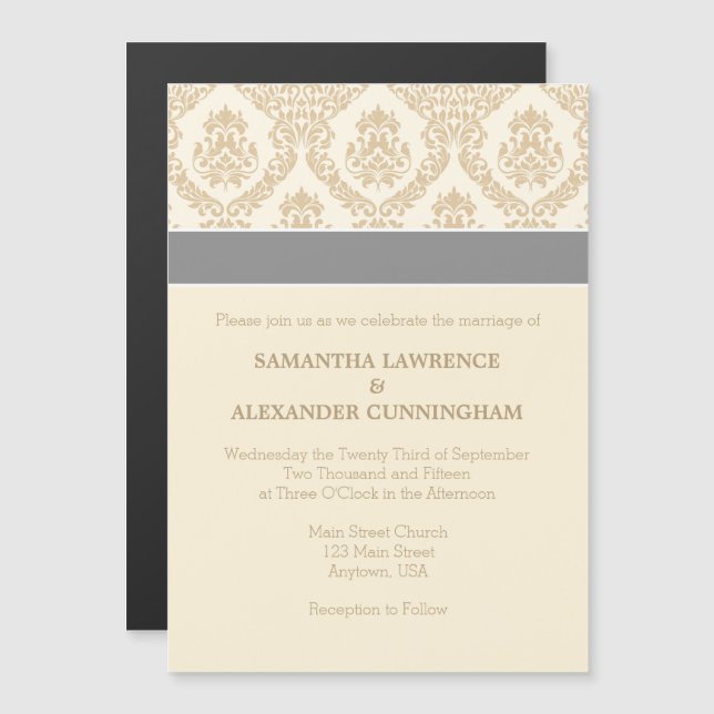 Cream Brown Tan Damask Magnetic Wedding Invitation (Front/Back)
