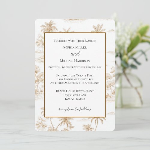 Cream Brown Tropical Island Palm Trees Wedding   Invitation