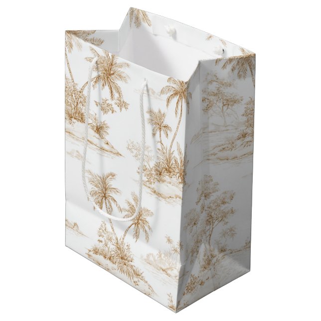 Cream Brown Tropical Island Palm Trees Wedding Medium Gift Bag (Front Angled)