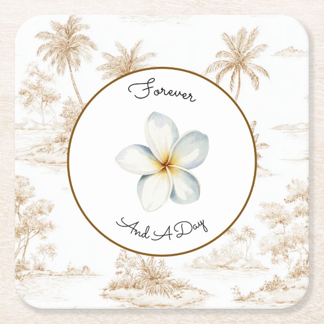 Cream Brown Tropical Island Palm Trees Wedding Square Paper Coaster (Front)