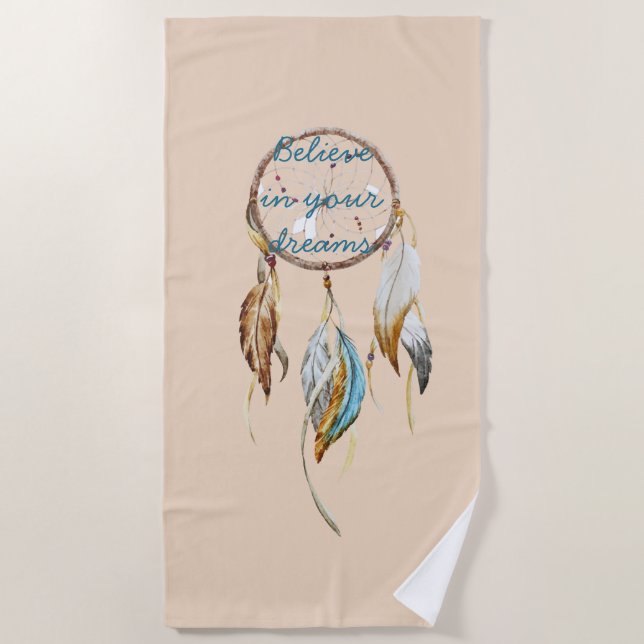 Cream Brown Turquoise Dream Catcher Beach Towel (Front)