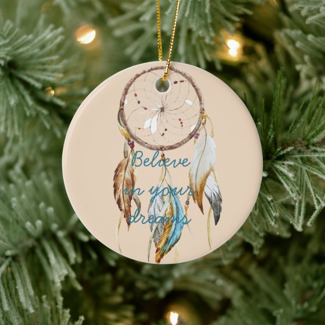 Cream Brown Turquoise Dream catcher watercolor  Ceramic Ornament (Tree)