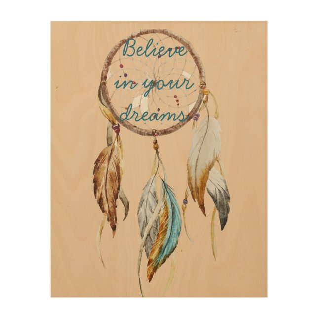 Cream Brown Turquoise Dream catcher watercolor  Wood Wall Art (Front)