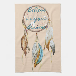 Cream Brown Turquoise White Feathers Dream Catcher Kitchen Towel
