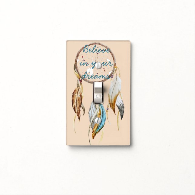 Cream Brown Turquoise White Feathers Dream Catcher Light Switch Cover (In Situ)