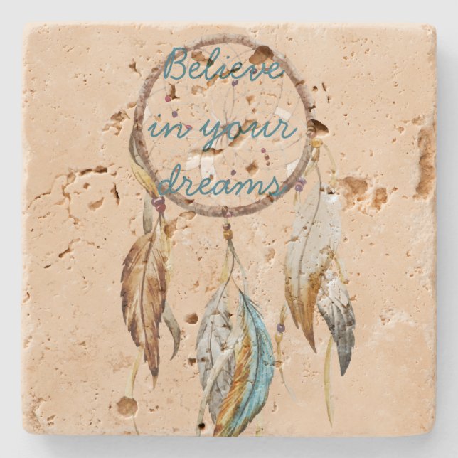 Cream Brown Turquoise White Feathers Dream Catcher Stone Coaster (Front)