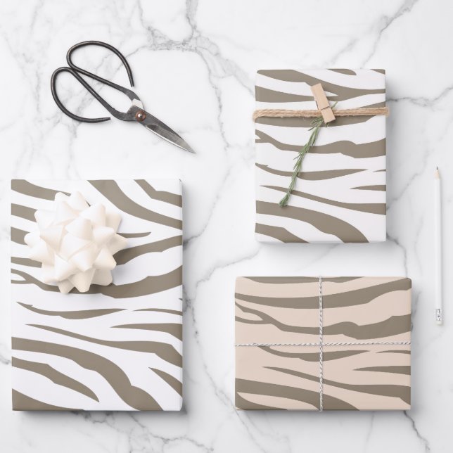 Cream Brown White Zebra Print Wrapping Paper Sheets (Front)