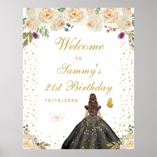 Cream Brunette Hair Girl Birthday Party Welcome Poster