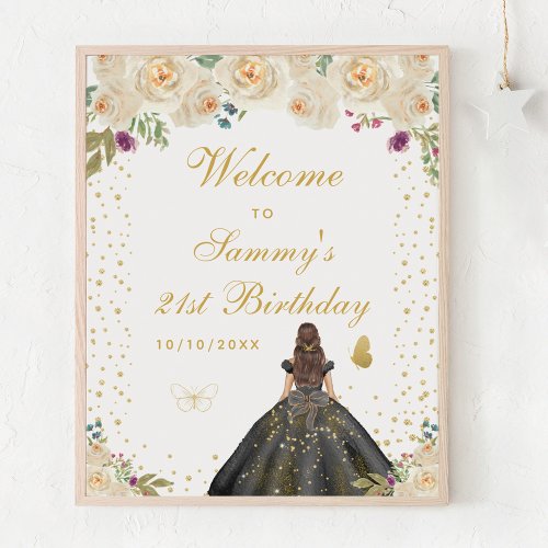 Cream Brunette Hair Girl Birthday Party Welcome Poster