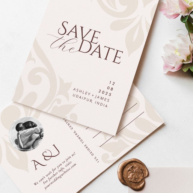 Cream & Burgundy Chic Photo Wedding Save the Date Announcement Postcard (Creator Uploaded)