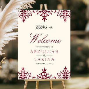 Cream Burgundy Damask Muslim Wedding Welcome Sign