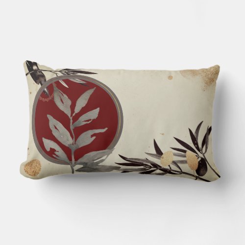 Cream Burgundy  Gray Artistic Watercolor Leaves Lumbar Pillow