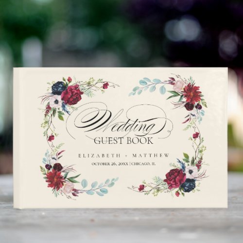 Cream  Burgundy  Navy Blue Floral Wedding Guest Book