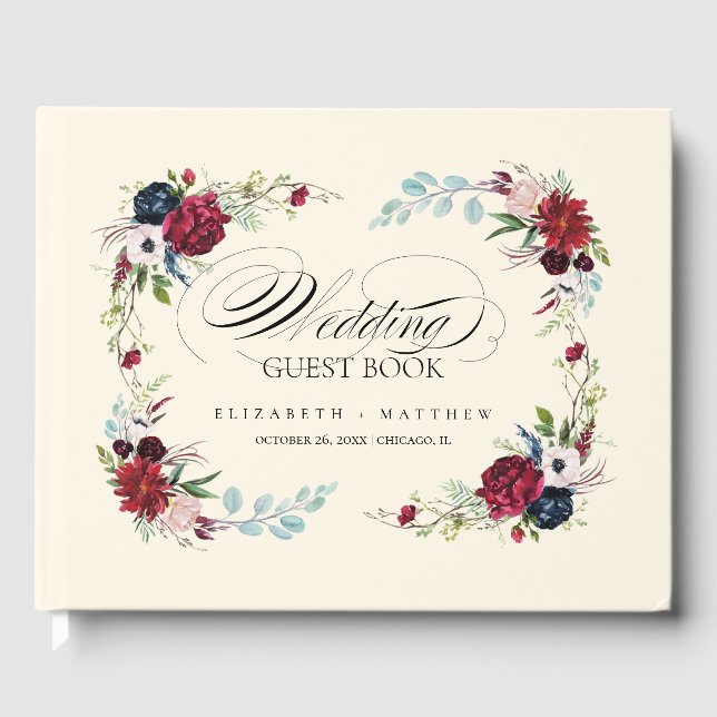 Cream | Burgundy | Navy Blue Floral Wedding Guest Book (Front)