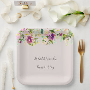 Cream Burgundy Pink Floral Wedding Paper Plates