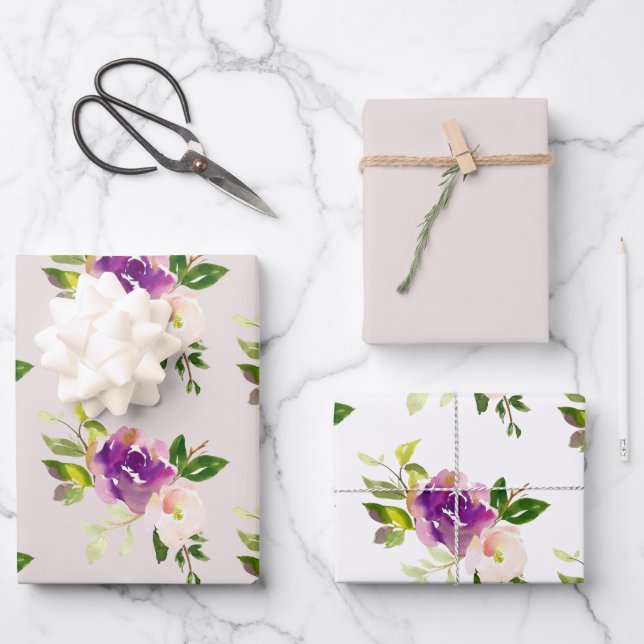 Cream Burgundy Pink Floral Wedding Wrapping Paper Sheets (Front)