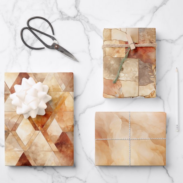 Cream Burgundy Red Gold Triangles Christmas Wrapping Paper Sheets (Front)