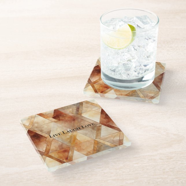 Cream Burgundy Red Gold Triangles Glass Coaster (Angled)