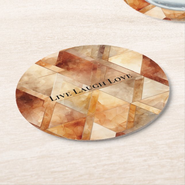 Cream Burgundy Red Gold Triangles Round Paper Coaster (Angled)