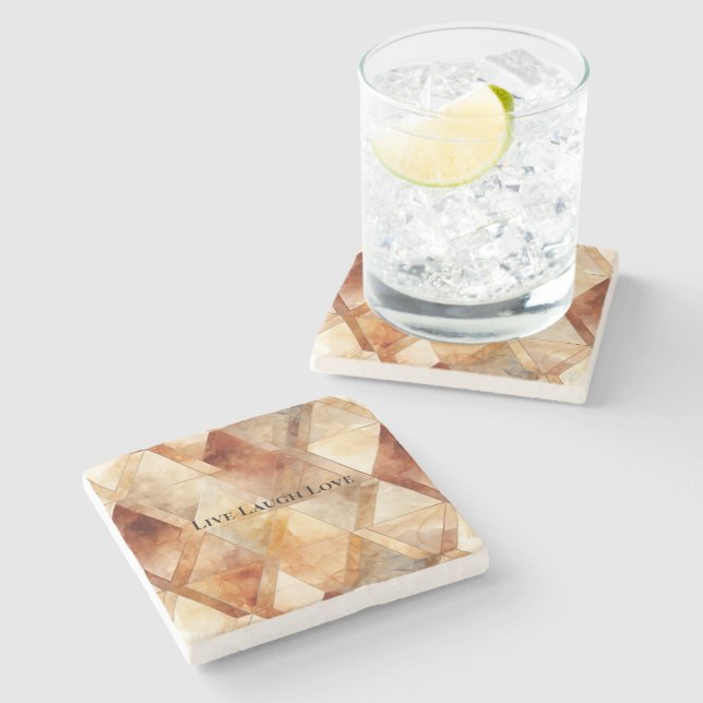 Cream Burgundy Red Gold Triangles Stone Coaster (Side)