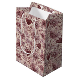 Cream Burgundy Red Hearts Flowers Bridal Shower Medium Gift Bag