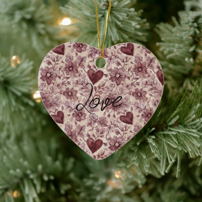 Cream Burgundy Red Hearts Flowers Ceramic Ornament (Tree)