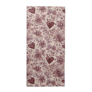 Cream Burgundy Red Hearts Flowers Cloth Napkin