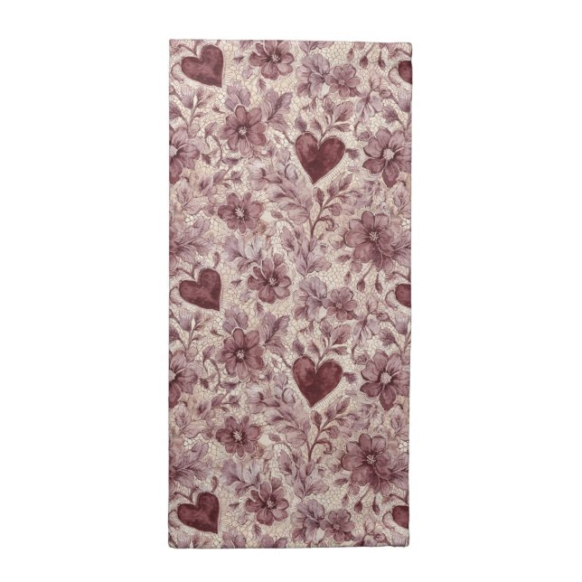 Cream Burgundy Red Hearts Flowers Cloth Napkin (Half Fold)
