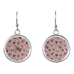 Cream Burgundy Red Hearts Flowers Earrings