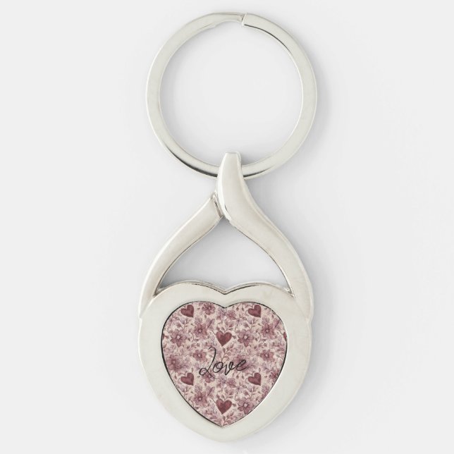 Cream Burgundy Red Hearts Flowers Keychain (Front)