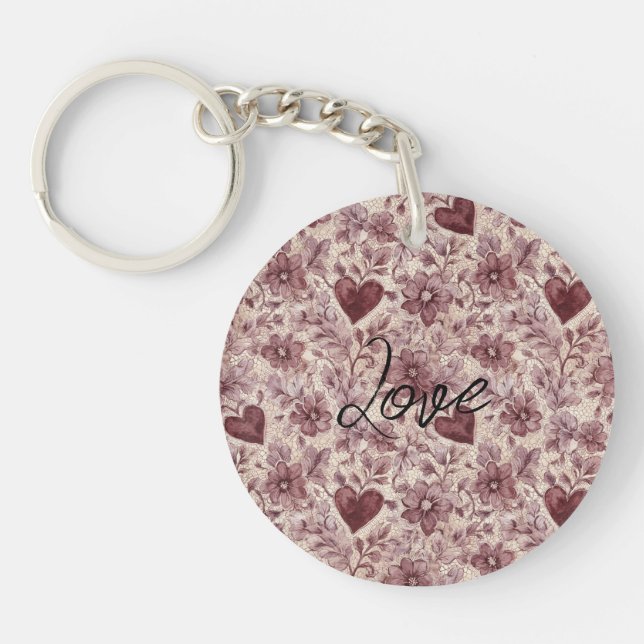 Cream Burgundy Red Hearts Flowers Keychain (Front)