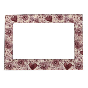 Cream Burgundy Red Hearts Flowers Magnetic Frame