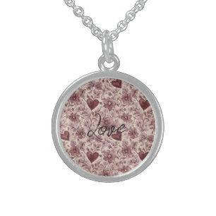 Cream Burgundy Red Hearts Flowers Sterling Silver Necklace
